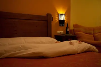 Cama o camas de una habitación en Complejo Turístico Bielsa Hotel y camping