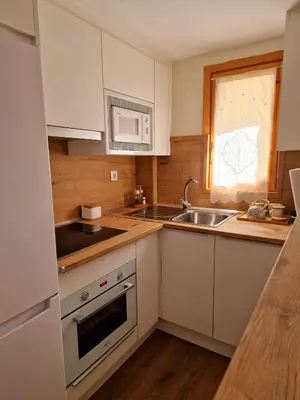 Una cocina o zona de cocina en ESQUÍ PIRINEO ARAGONÉS APARTAMENTO EL JUNCARAL Wifi